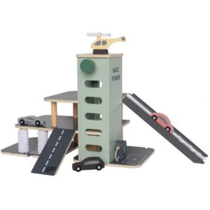 Jabadabado Parkeringsgarage i trä med leksaksbilar och helikopter