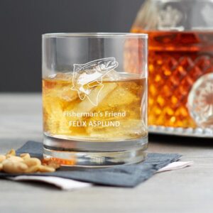 Whiskyglas med fiskemotiv och personlig text, Lax